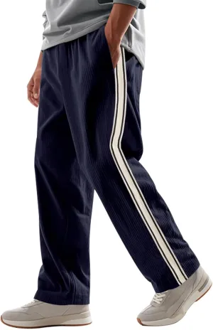 Men's Casual Corduroy Pants Loose Wide Leg Striped Pants Fashion Elastic Waist Drawstring Baggy Sweatpants Slacks