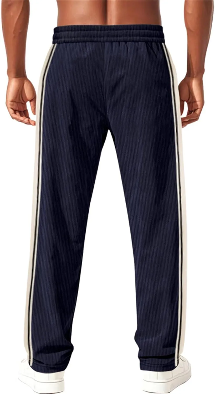 Men's Casual Corduroy Pants Loose Wide Leg Striped Pants Fashion Elastic Waist Drawstring Baggy Sweatpants Slacks