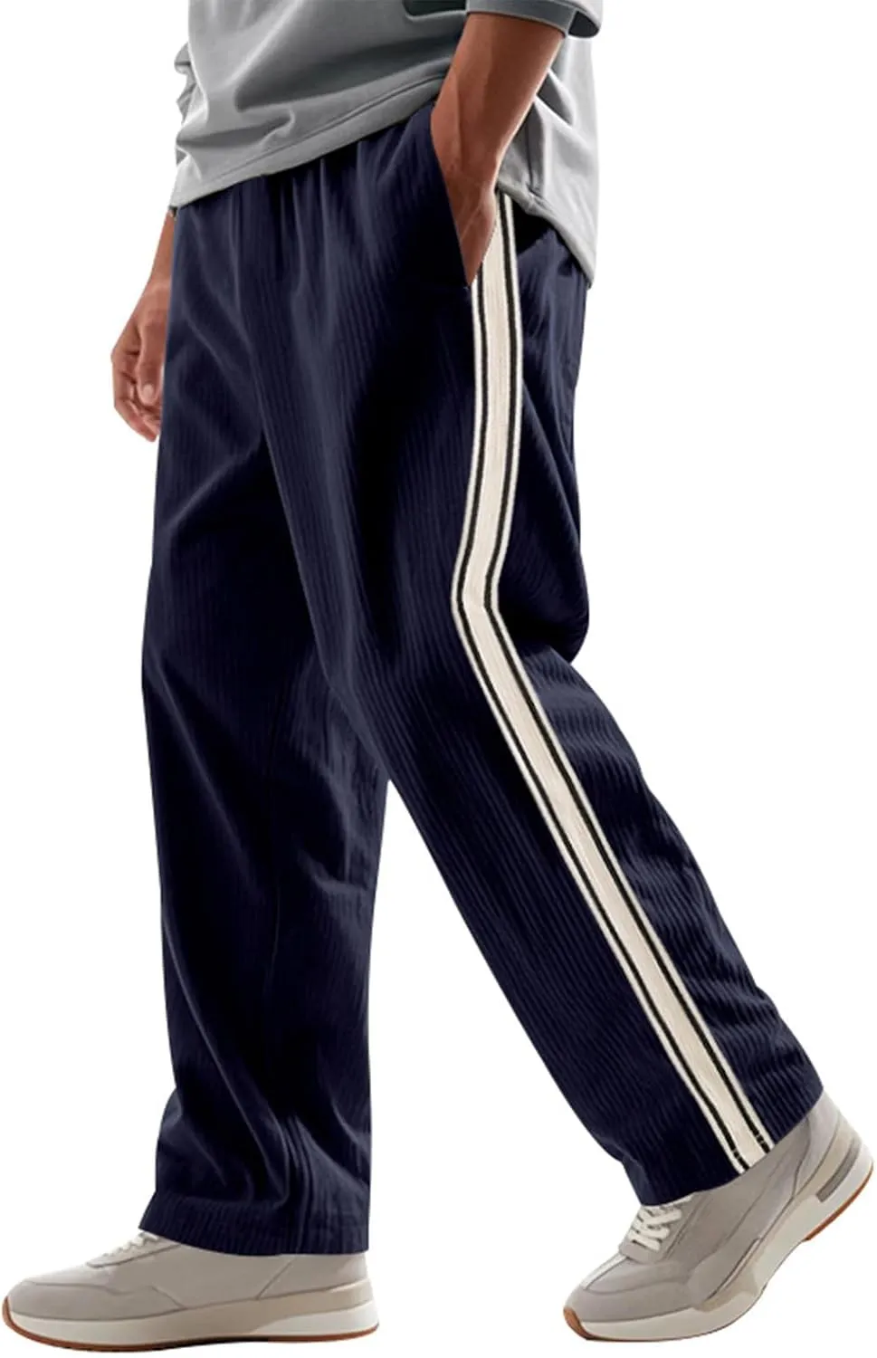Men's Casual Corduroy Pants Loose Wide Leg Striped Pants Fashion Elastic Waist Drawstring Baggy Sweatpants Slacks