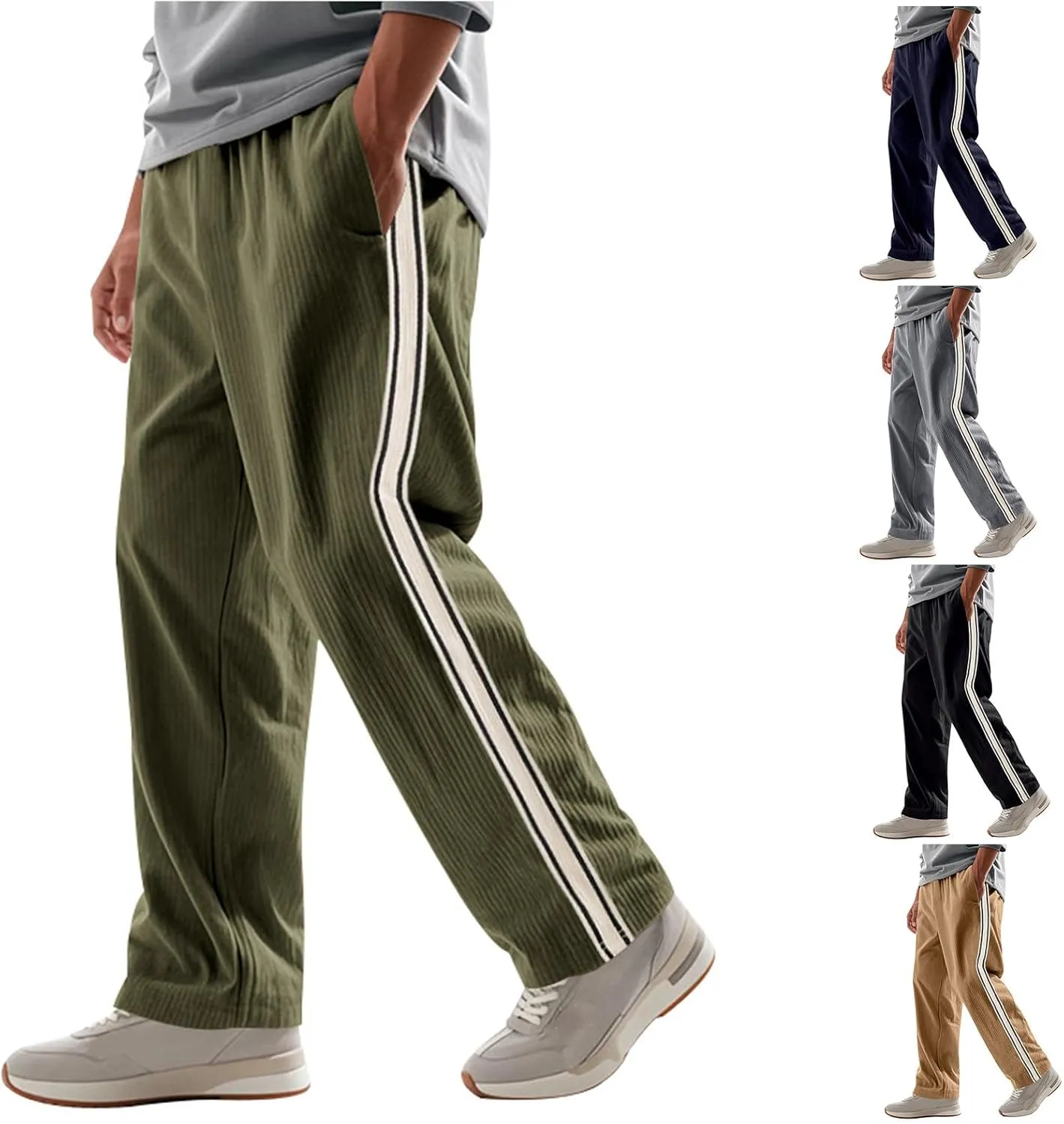 Men's Casual Corduroy Pants Loose Wide Leg Striped Pants Fashion Elastic Waist Drawstring Baggy Sweatpants Slacks