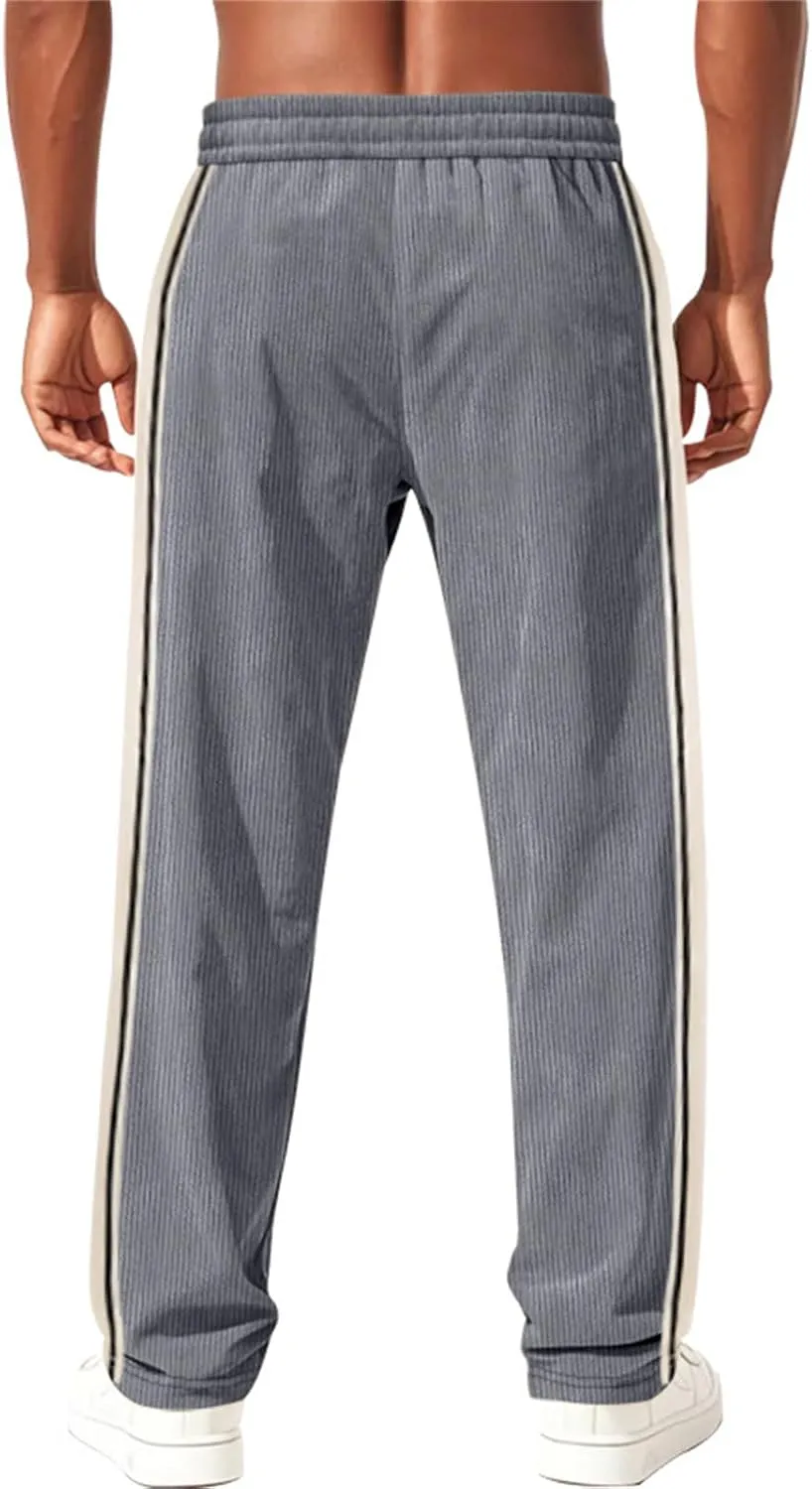 Men's Casual Corduroy Pants Loose Wide Leg Striped Pants Fashion Elastic Waist Drawstring Baggy Sweatpants Slacks