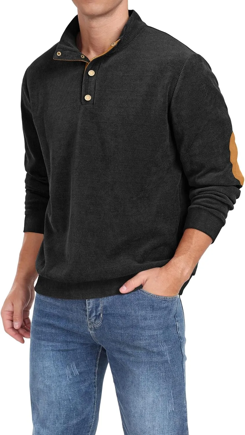 Mens Casual Corduroy Sweatshirt Long Sleeve Stand Collar 1/4 Button Up Pullover Fall Polo Sweaters