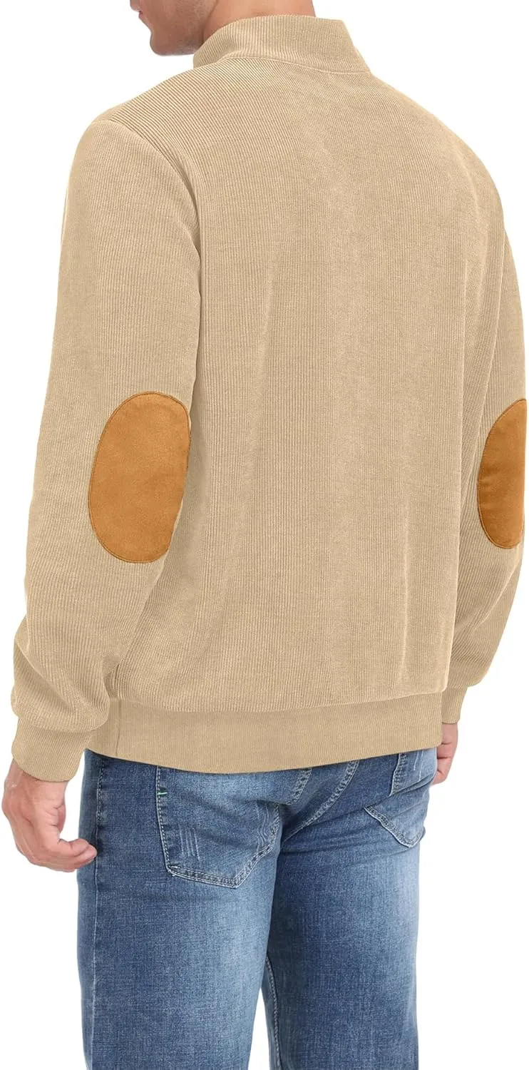 Mens Casual Corduroy Sweatshirt Long Sleeve Stand Collar 1/4 Button Up Pullover Fall Polo Sweaters