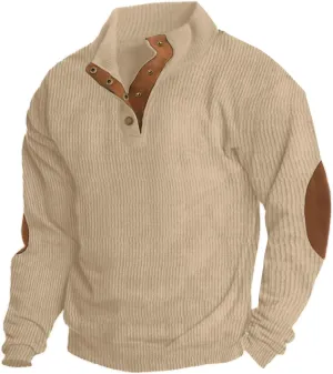 Mens Casual Corduroy Sweatshirt Long Sleeve Stand Collar 1/4 Button Up Pullover Fall Polo Sweaters