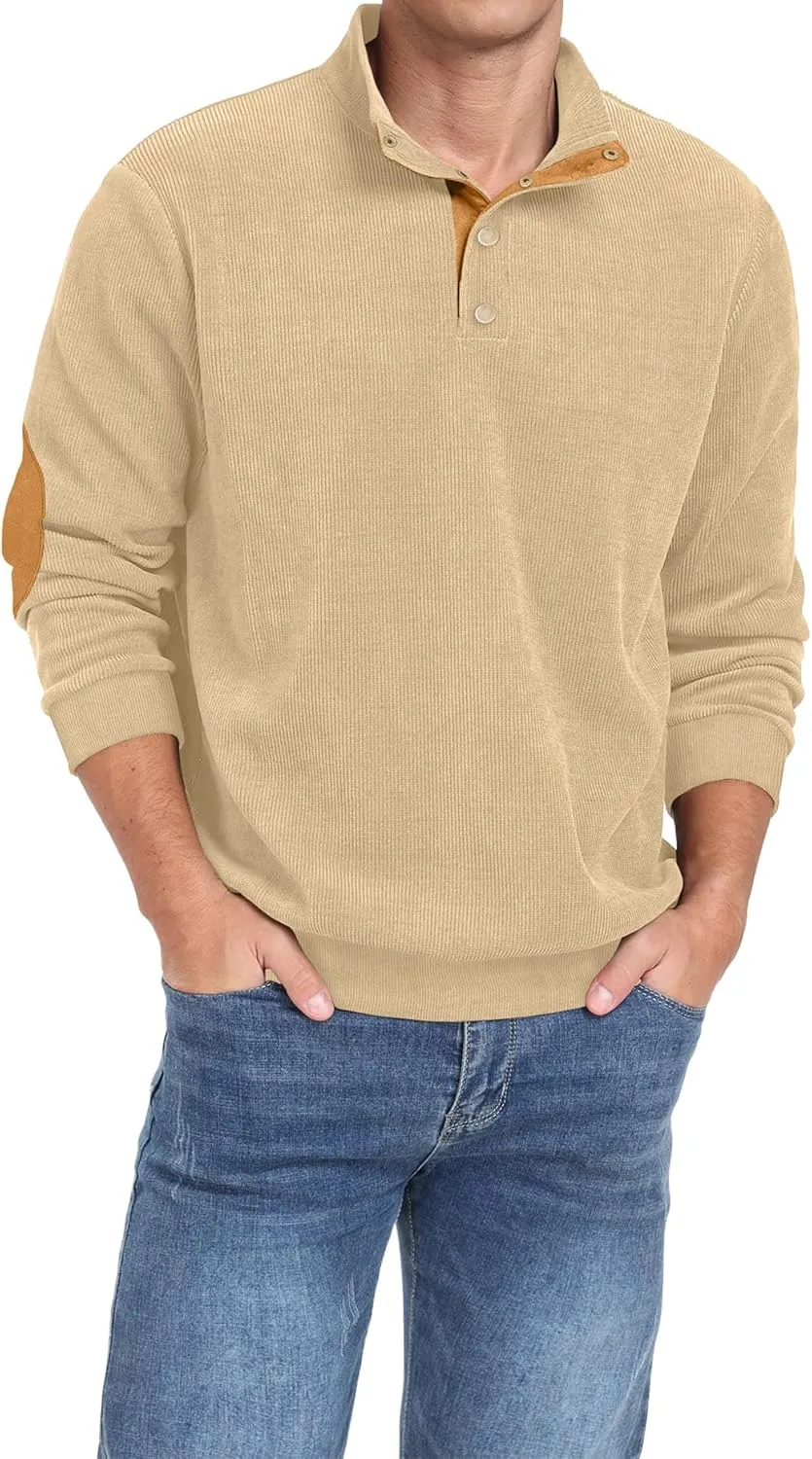 Mens Casual Corduroy Sweatshirt Long Sleeve Stand Collar 1/4 Button Up Pullover Fall Polo Sweaters