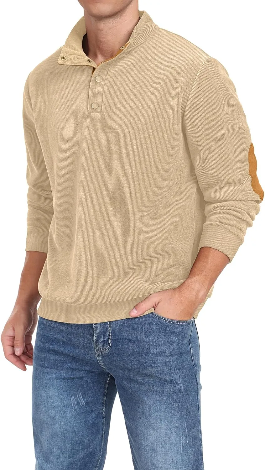 Mens Casual Corduroy Sweatshirt Long Sleeve Stand Collar 1/4 Button Up Pullover Fall Polo Sweaters