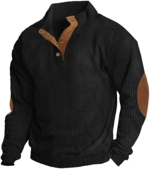Mens Casual Corduroy Sweatshirt Long Sleeve Stand Collar 1/4 Button Up Pullover Fall Polo Sweaters