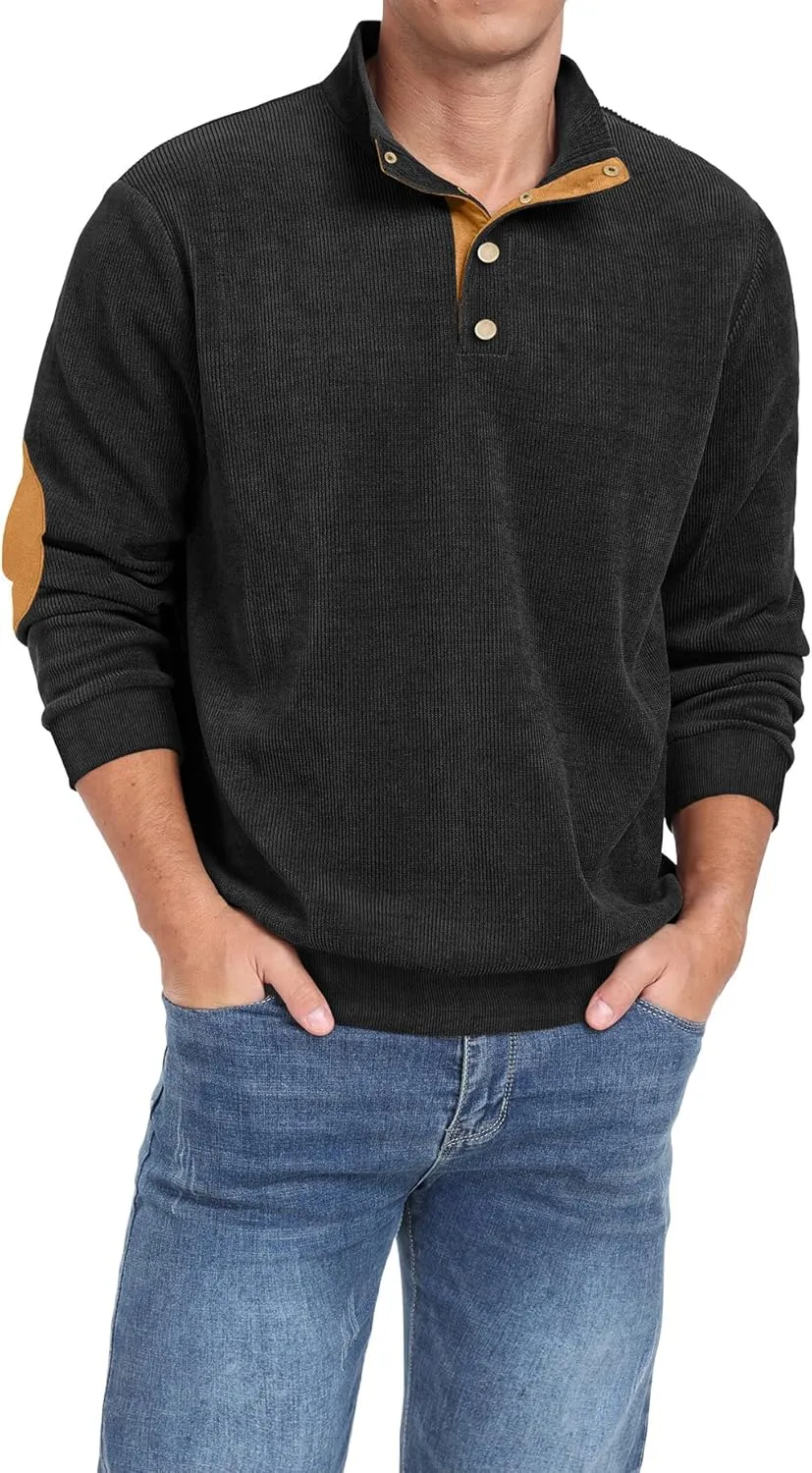 Mens Casual Corduroy Sweatshirt Long Sleeve Stand Collar 1/4 Button Up Pullover Fall Polo Sweaters