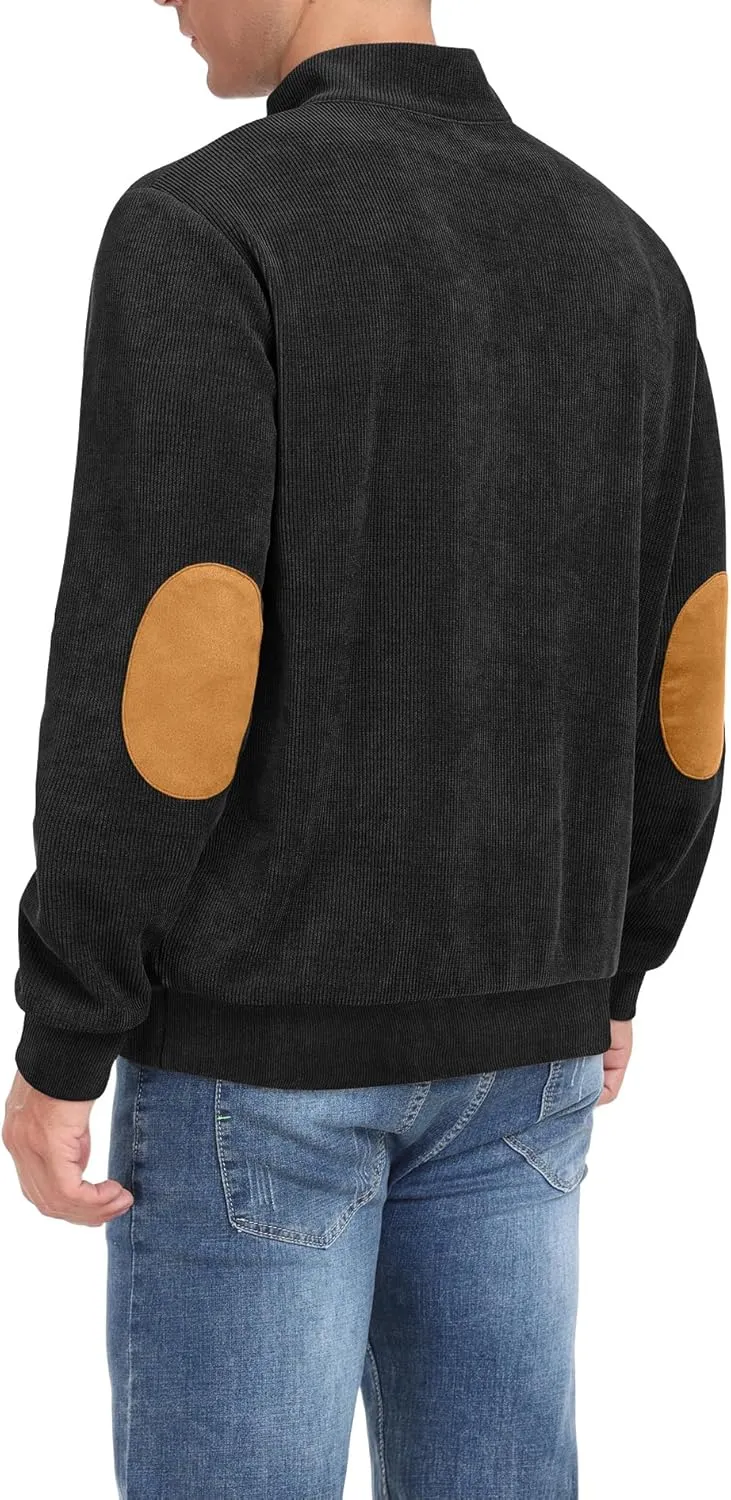 Mens Casual Corduroy Sweatshirt Long Sleeve Stand Collar 1/4 Button Up Pullover Fall Polo Sweaters