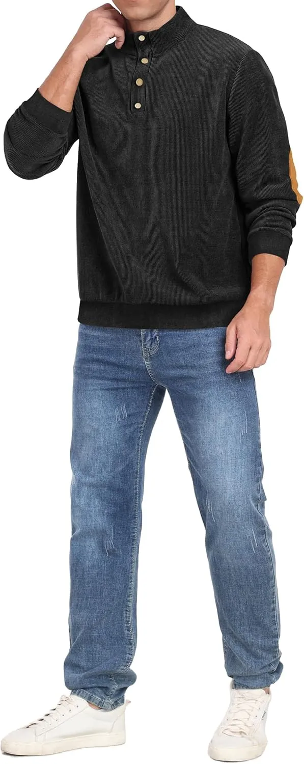 Mens Casual Corduroy Sweatshirt Long Sleeve Stand Collar 1/4 Button Up Pullover Fall Polo Sweaters