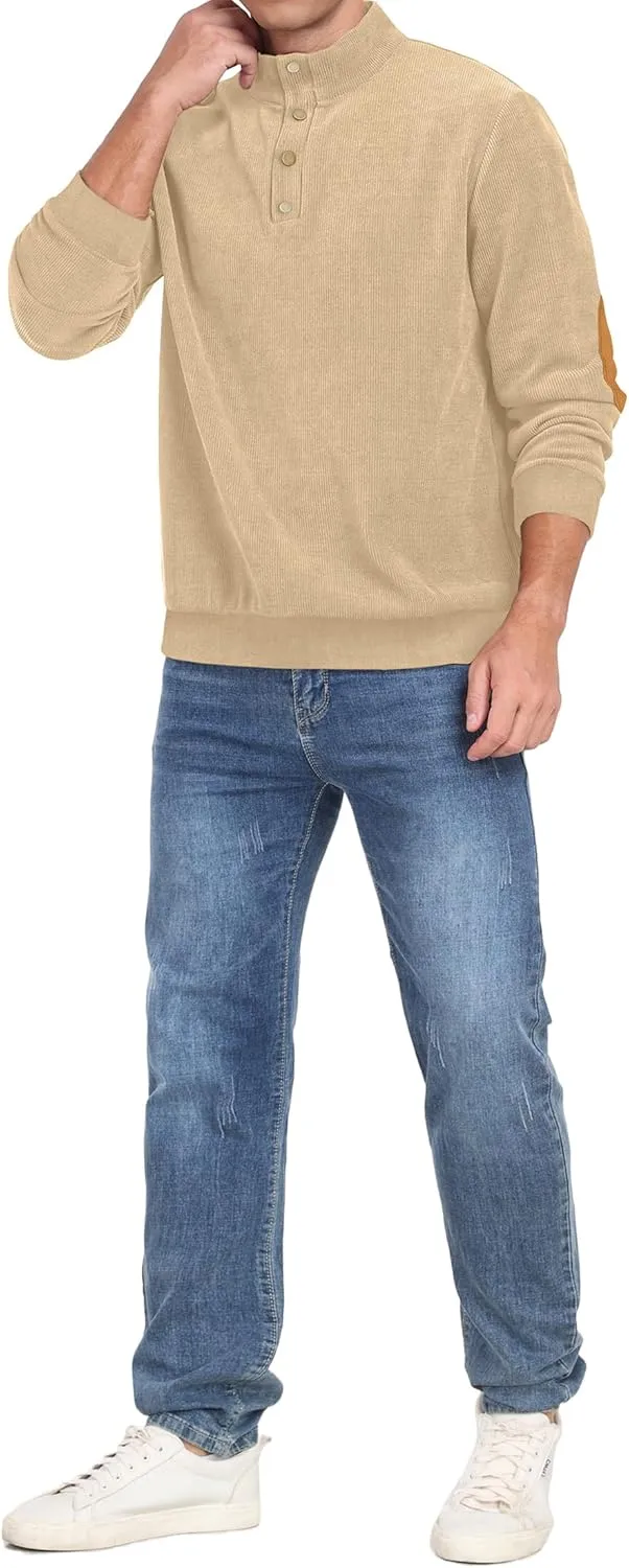 Mens Casual Corduroy Sweatshirt Long Sleeve Stand Collar 1/4 Button Up Pullover Fall Polo Sweaters