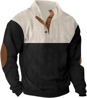 Men's Casual Corduroy Sweatshirt Winter Long Sleeve Heavyweight Thermal Stand Collar Button Pullover Sweatshirts