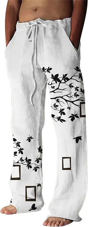 Mens Casual Cotton Linen Pants Fashion Hawaiian Print Trousers Workout Running Joggers Beach Pants Chino Pants