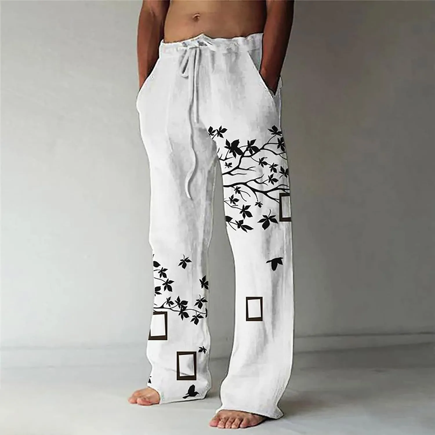 Mens Casual Cotton Linen Pants Fashion Hawaiian Print Trousers Workout Running Joggers Beach Pants Chino Pants