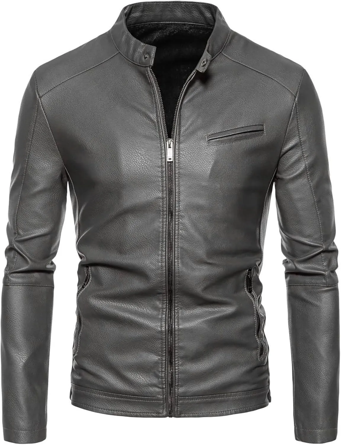 Men's Casual Faux Leather Jacket Stand Collar Zip-up Biker Motorcycle Jackets Classic Solid Jackets Coat with Pocket