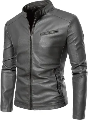 Men's Casual Faux Leather Jacket Stand Collar Zip-up Biker Motorcycle Jackets Classic Solid Jackets Coat with Pocket