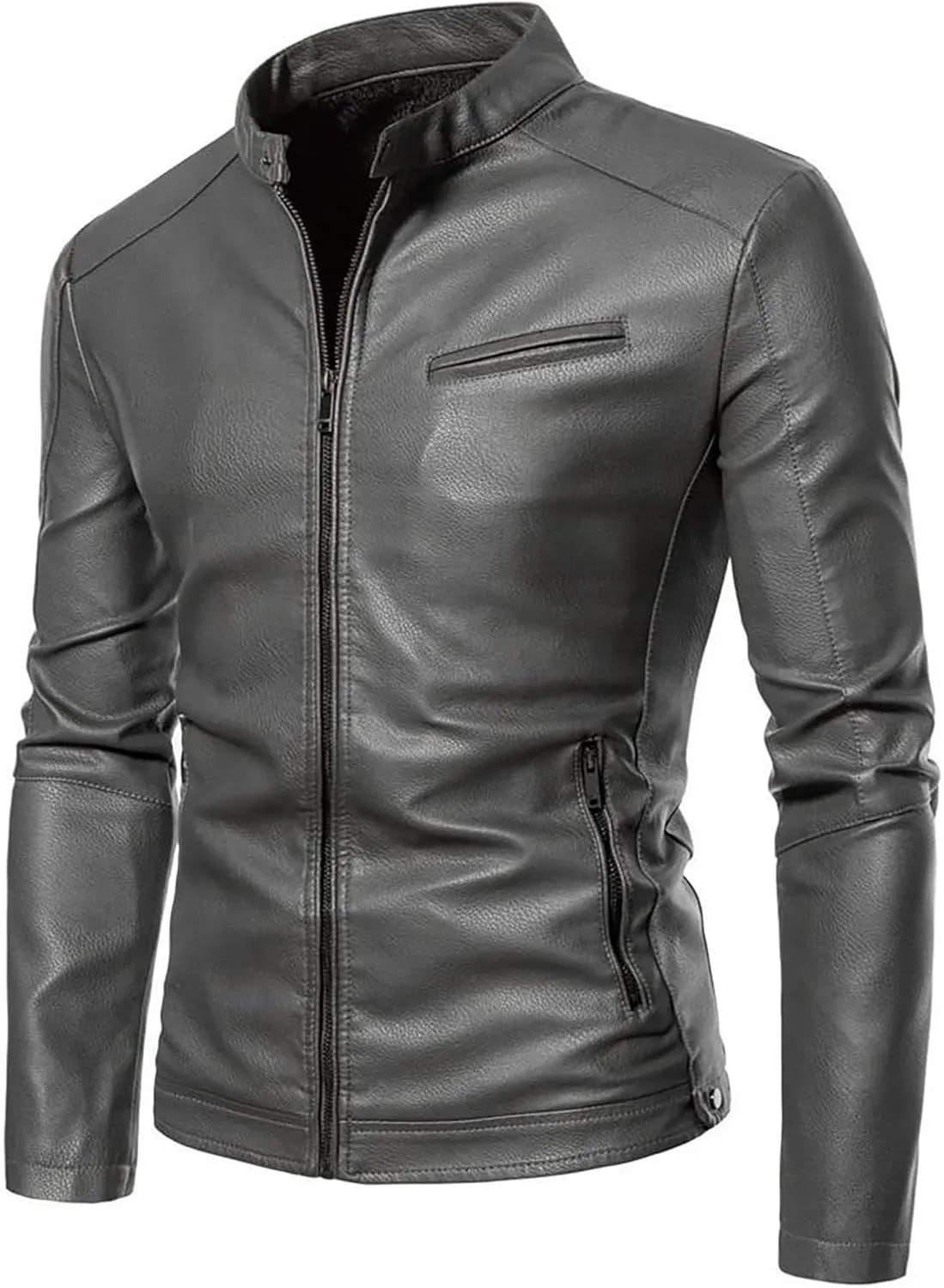 Men's Casual Faux Leather Jacket Stand Collar Zip-up Biker Motorcycle Jackets Classic Solid Jackets Coat with Pocket