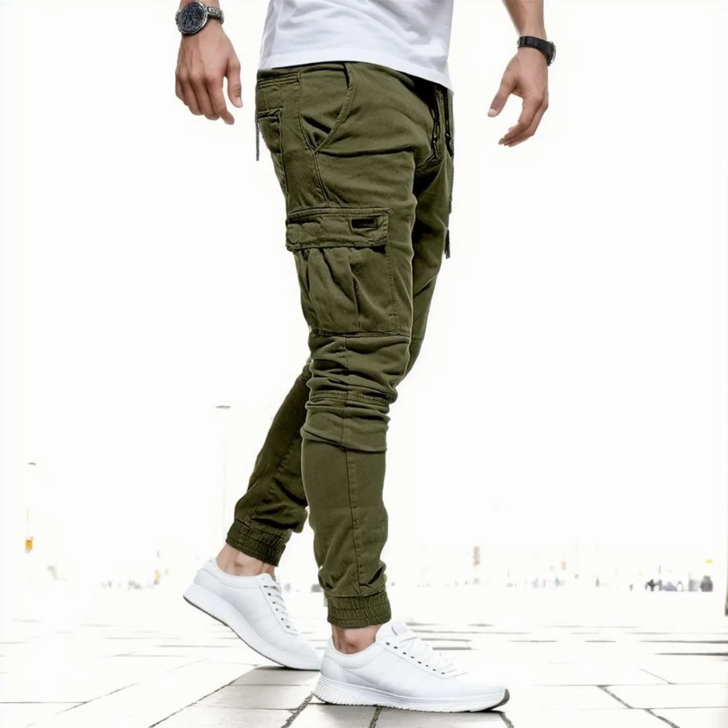 Men's Casual Joggers Cotton Pants Drawstring Hiking Pants Outdoor Twill Track Sweatpants with Pockets for Men