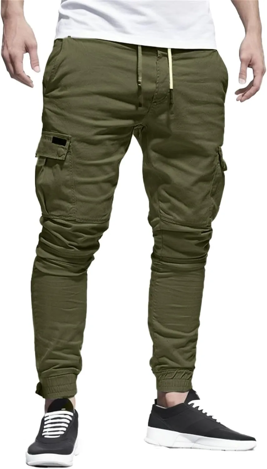 Men's Casual Joggers Cotton Pants Drawstring Hiking Pants Outdoor Twill Track Sweatpants with Pockets for Men