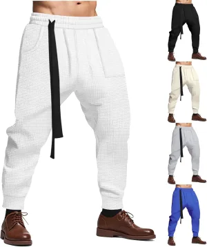 Mens Casual Pants Waffle Textured Drawstring Stretch Elastic Waist Tapered Joggers Baggy Hip Hop Harem Pants Streetwear