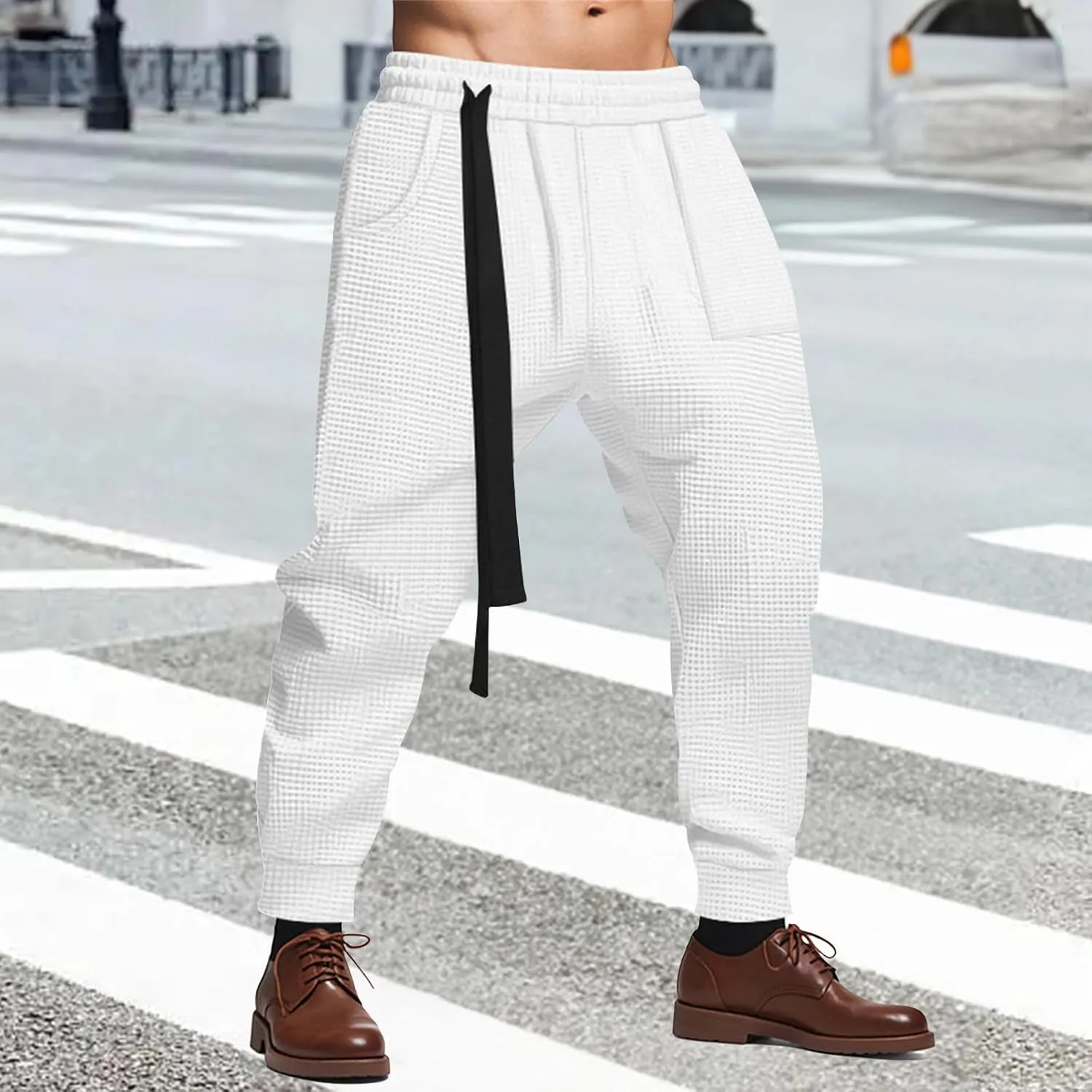 Mens Casual Pants Waffle Textured Drawstring Stretch Elastic Waist Tapered Joggers Baggy Hip Hop Harem Pants Streetwear