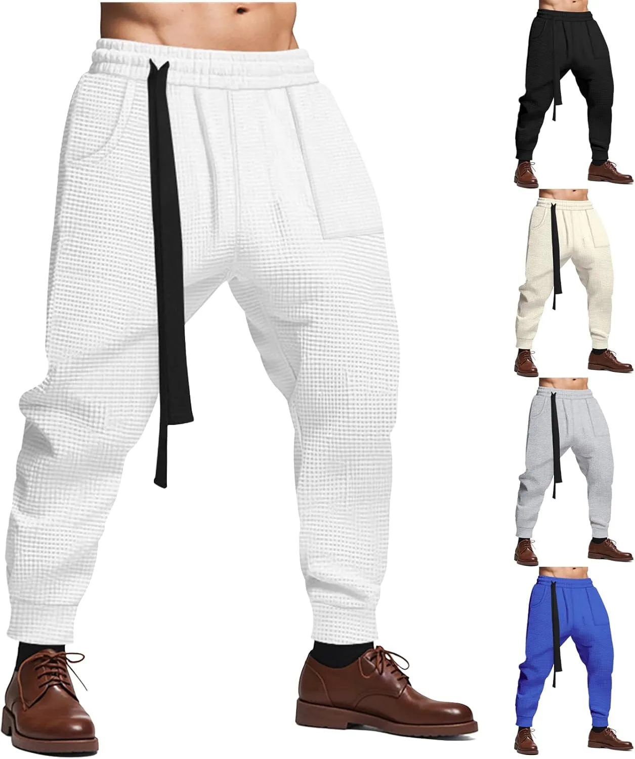 Mens Casual Pants Waffle Textured Drawstring Stretch Elastic Waist Tapered Joggers Baggy Hip Hop Harem Pants Streetwear