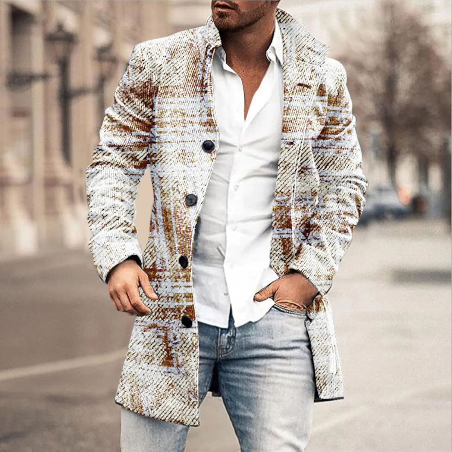 Mens Casual Trench Coat Slim Fit Notched Collar Long Woolen Jacket Overcoat Single Breasted Blazer Pea Coat wih Pocket