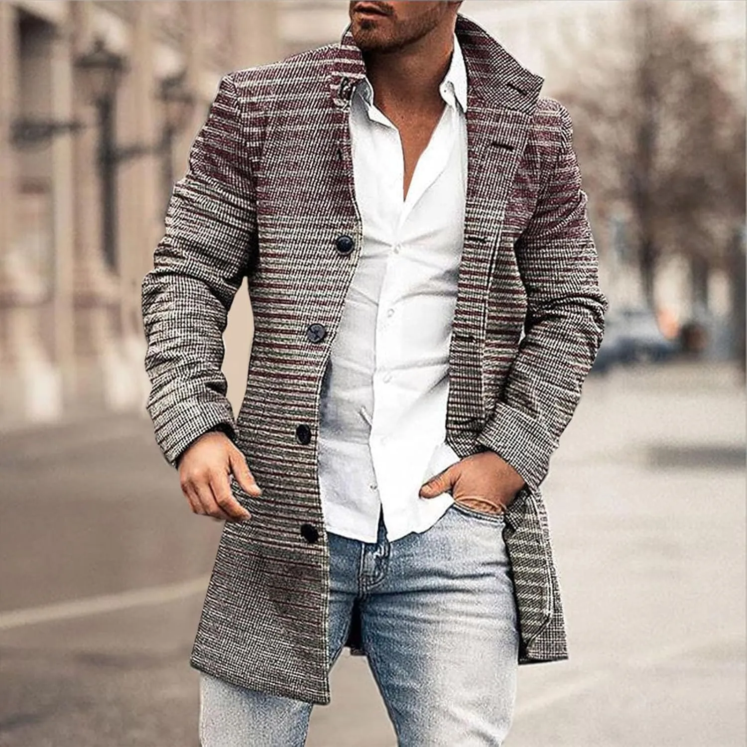 Mens Casual Trench Coat Slim Fit Notched Collar Long Woolen Jacket Overcoat Single Breasted Blazer Pea Coat wih Pocket