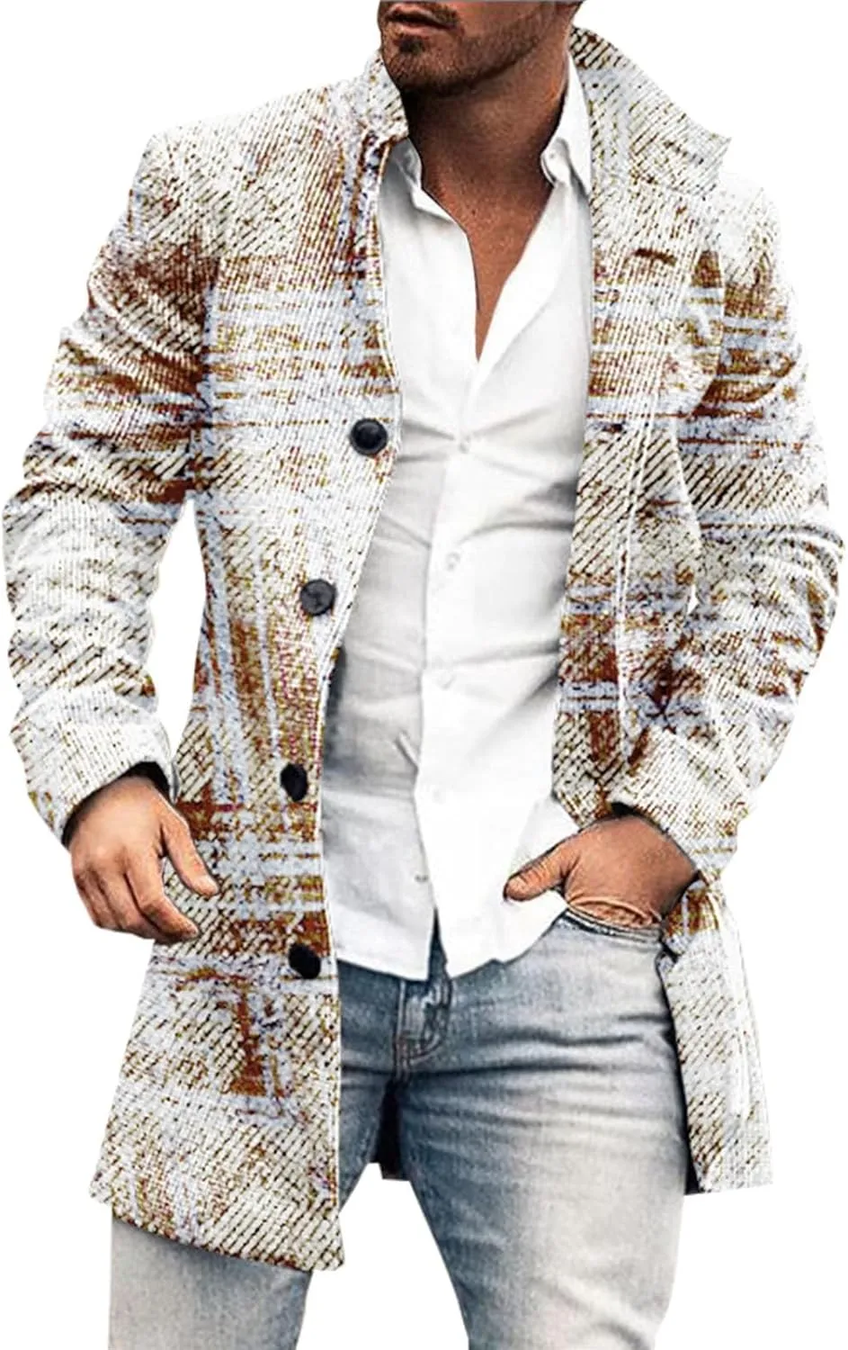 Mens Casual Trench Coat Slim Fit Notched Collar Long Woolen Jacket Overcoat Single Breasted Blazer Pea Coat wih Pocket