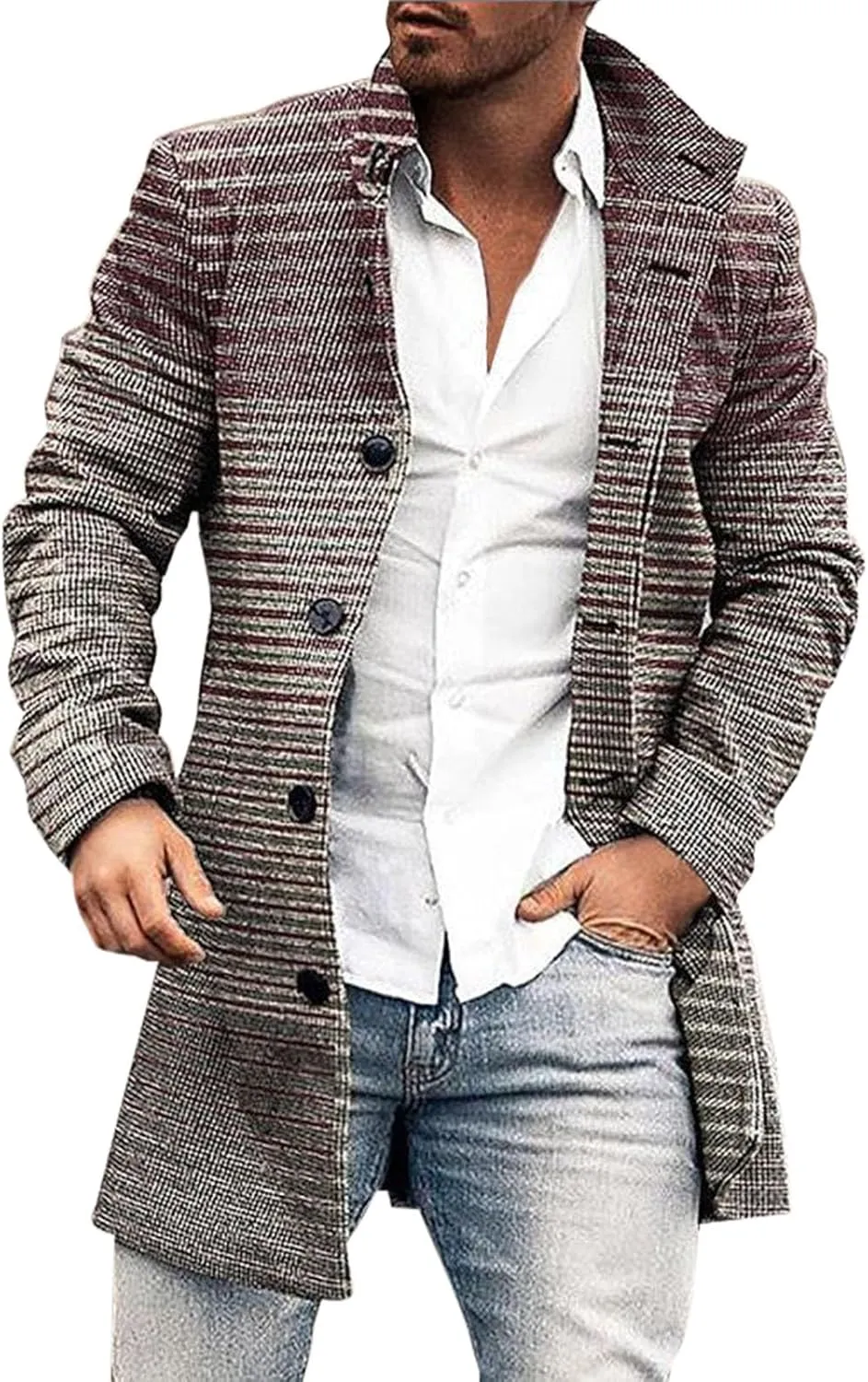 Mens Casual Trench Coat Slim Fit Notched Collar Long Woolen Jacket Overcoat Single Breasted Blazer Pea Coat wih Pocket