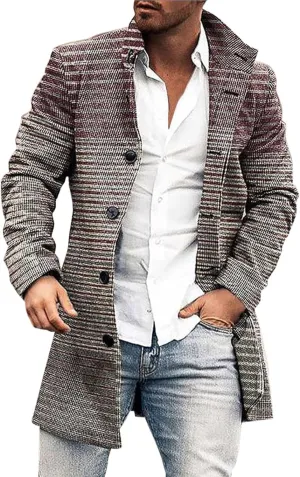 Mens Casual Trench Coat Slim Fit Notched Collar Long Woolen Jacket Overcoat Single Breasted Blazer Pea Coat wih Pocket
