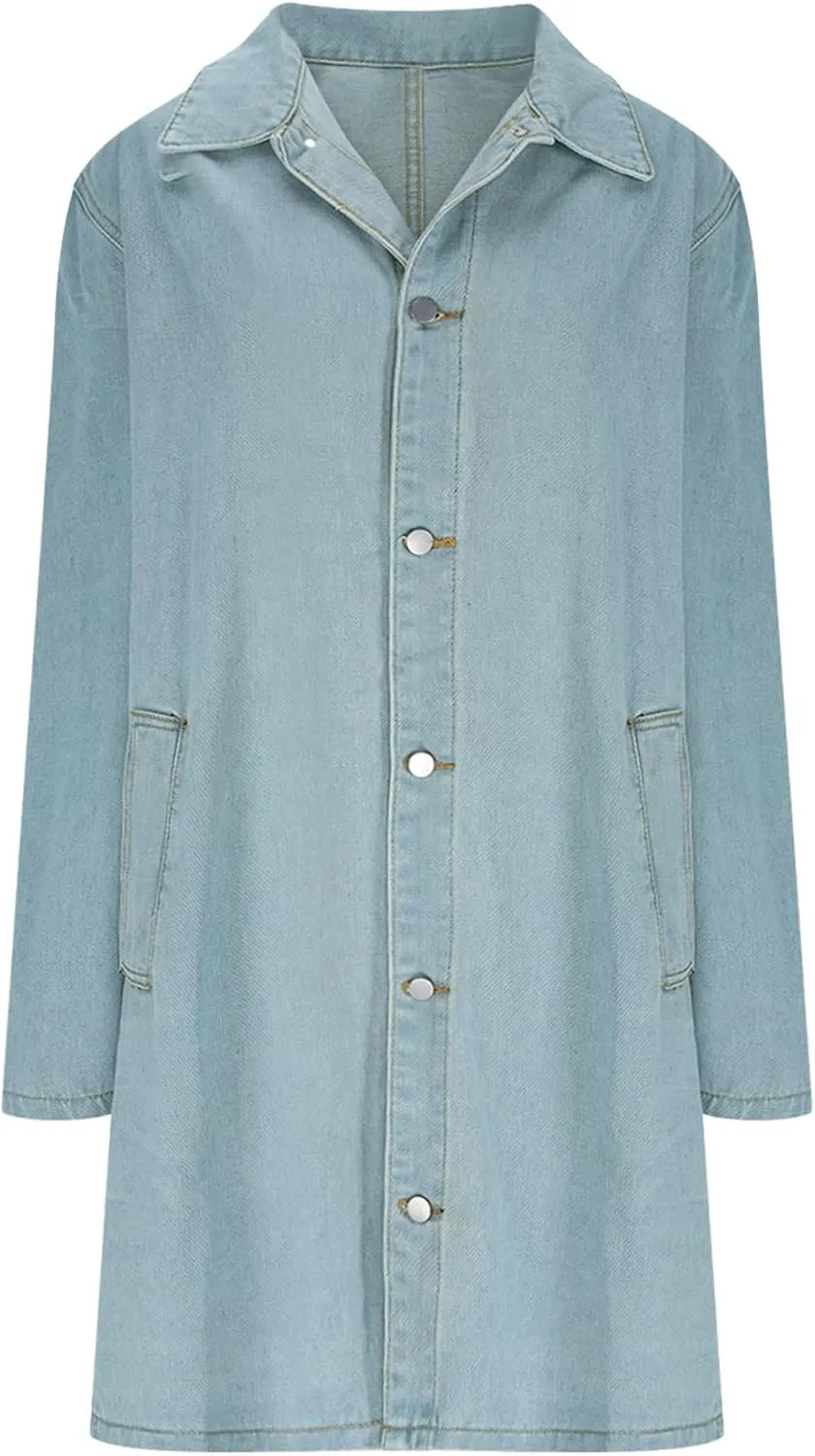Mens Classic Denim Trench Coat Button Down Cardigan Lapel Long Sleeve Casual Jean Jacket Loose Fashion Overcoat