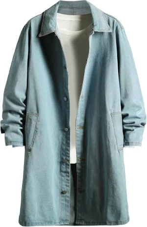 Mens Classic Denim Trench Coat Button Down Cardigan Lapel Long Sleeve Casual Jean Jacket Loose Fashion Overcoat