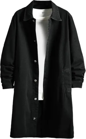 Mens Classic Denim Trench Coat Button Down Cardigan Lapel Long Sleeve Casual Jean Jacket Loose Fashion Overcoat