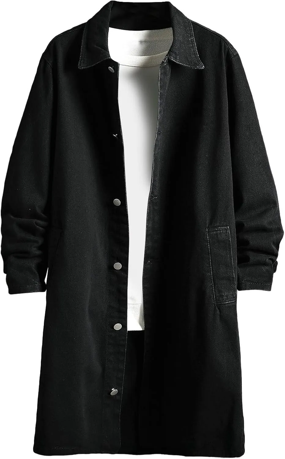 Mens Classic Denim Trench Coat Button Down Cardigan Lapel Long Sleeve Casual Jean Jacket Loose Fashion Overcoat