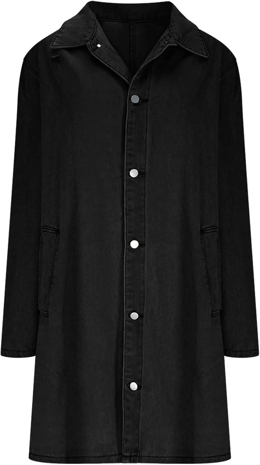 Mens Classic Denim Trench Coat Button Down Cardigan Lapel Long Sleeve Casual Jean Jacket Loose Fashion Overcoat