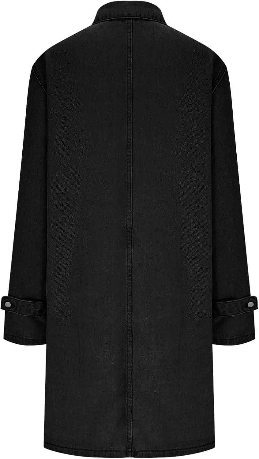 Mens Classic Denim Trench Coat Button Down Cardigan Lapel Long Sleeve Casual Jean Jacket Loose Fashion Overcoat