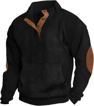 Men's Corduroy Sweatshirt Casual Long Sleeve Stand Collar Button Pullover Sweatshirts with Pockets