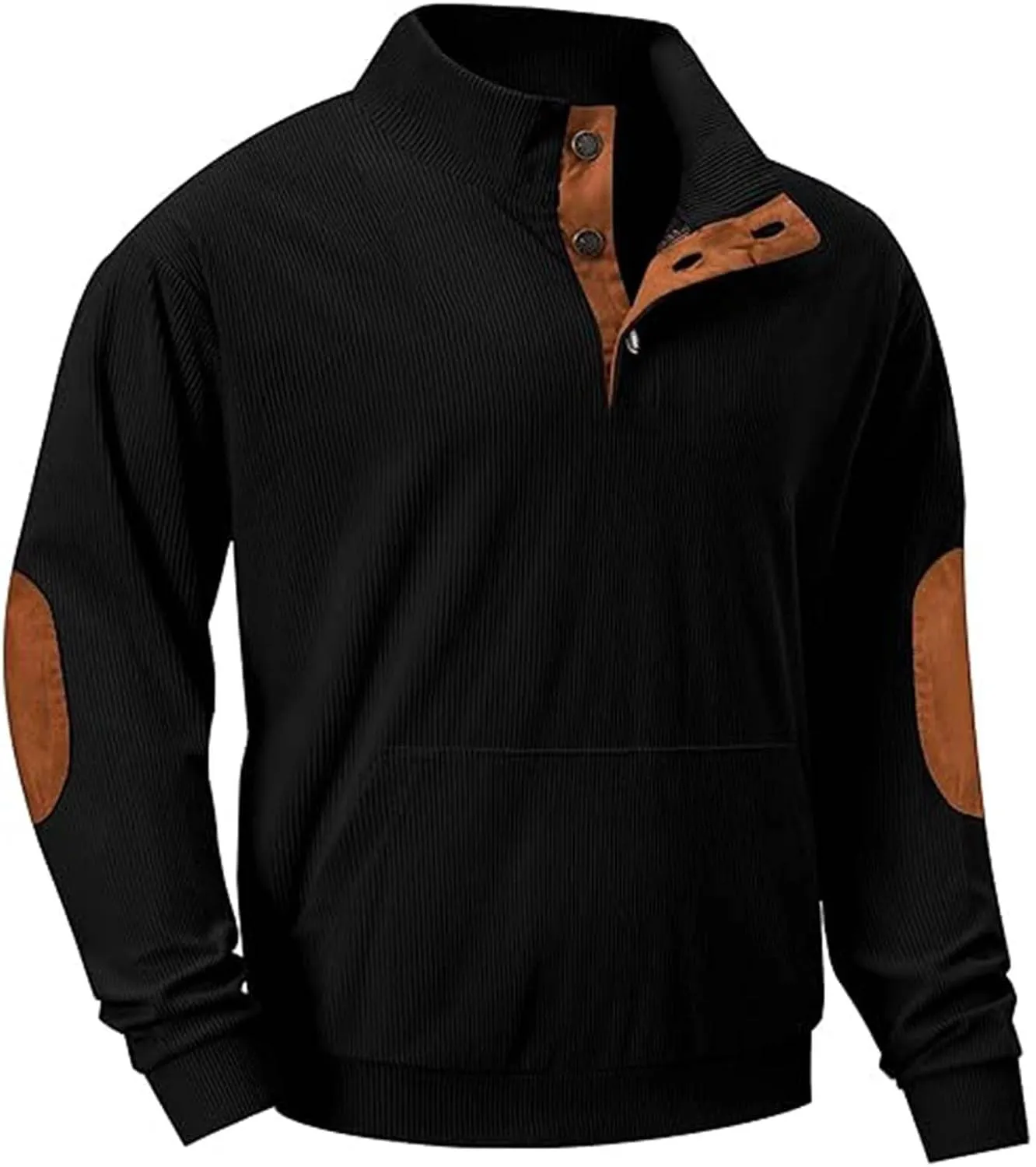 Men's Corduroy Sweatshirt Casual Long Sleeve Stand Collar Button Pullover Sweatshirts with Pockets