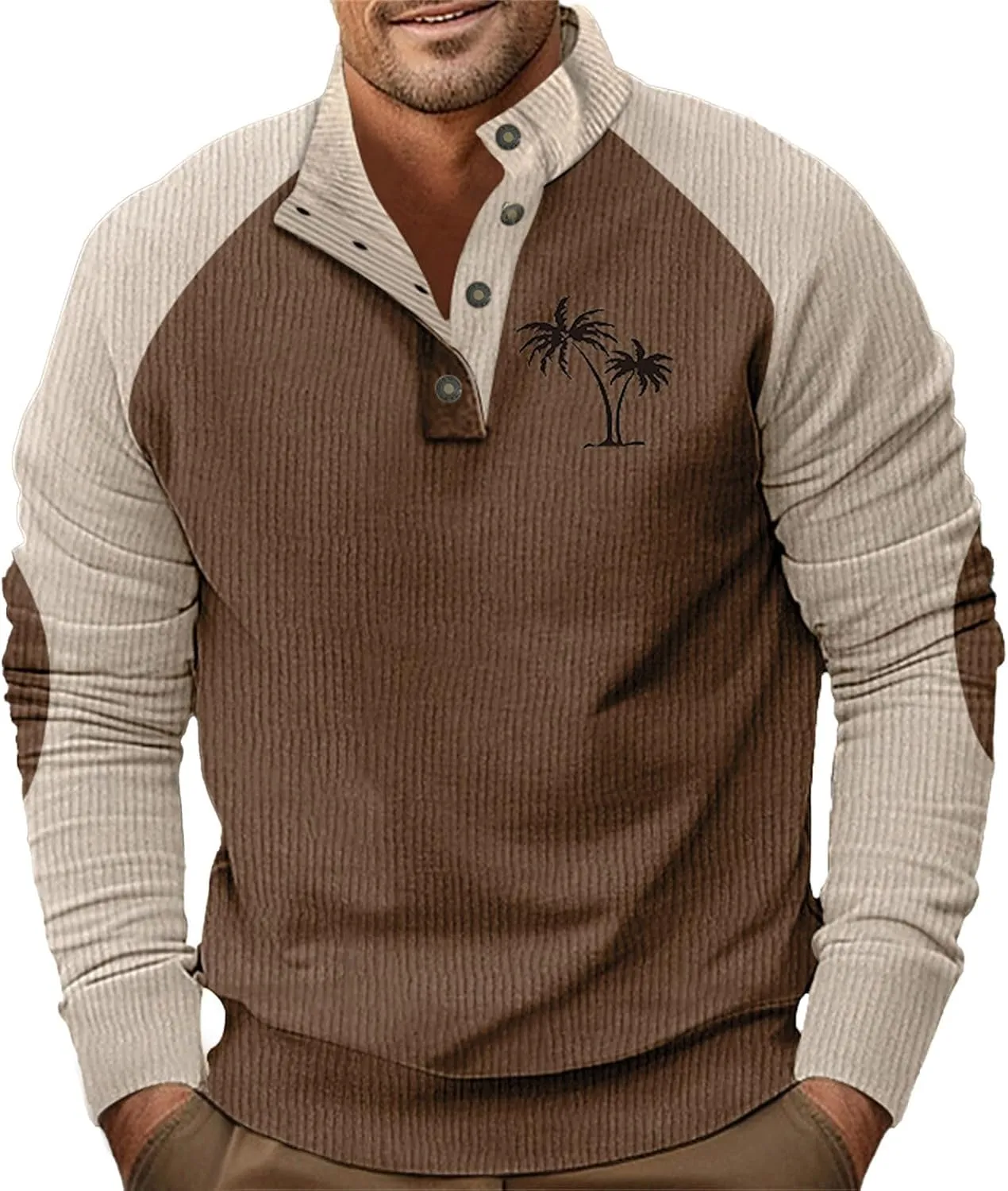 Men's Corduroy Sweatshirt Casual Long Sleeve Stand Collar Button Pullover Sweatshirts with Pockets