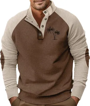 Men's Corduroy Sweatshirt Casual Long Sleeve Stand Collar Button Pullover Sweatshirts with Pockets