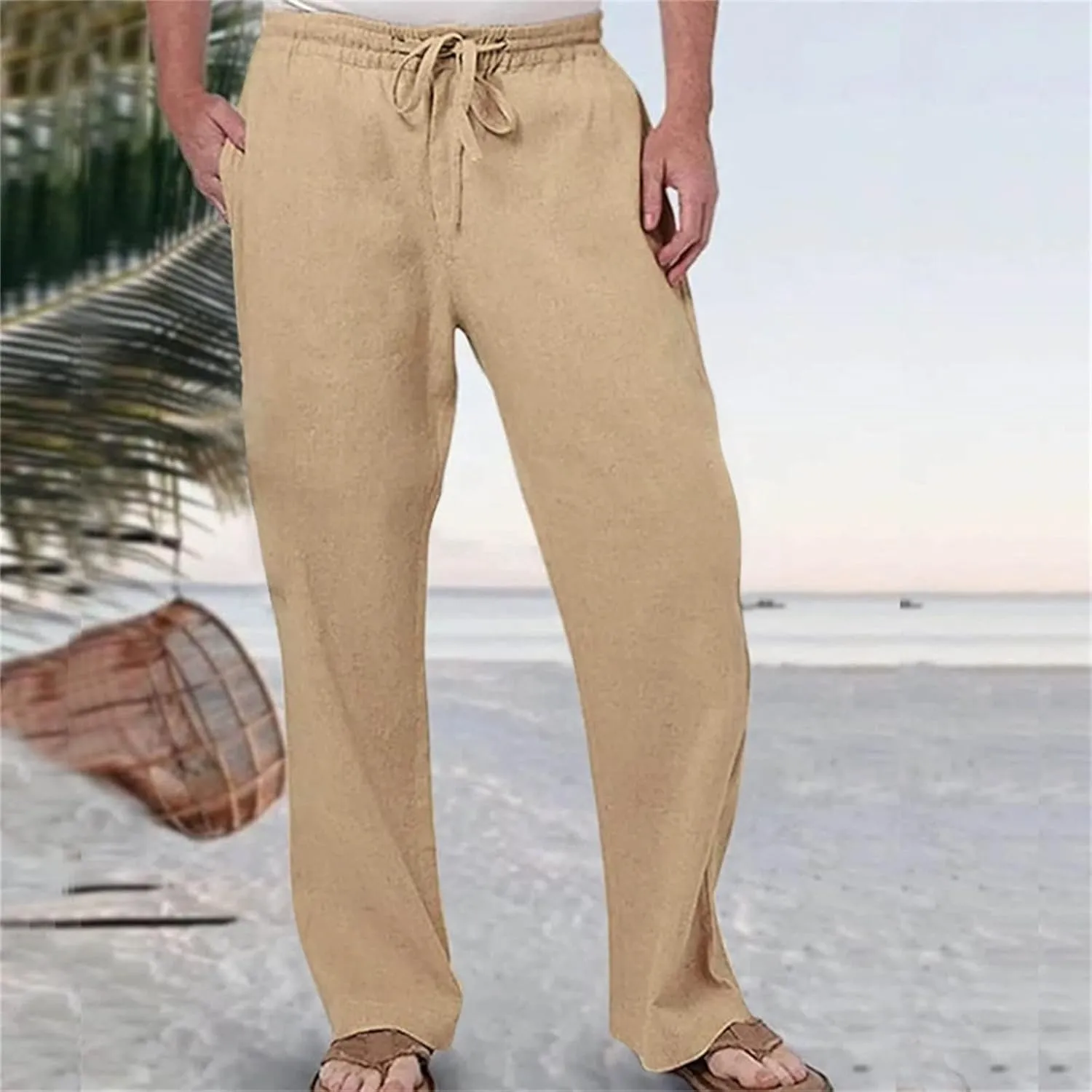 Mens Cotton Pants Casual Elastic Waist Drawstring Lightweight Summer Beach Trousers with Pockets, Tactical Pants for Men