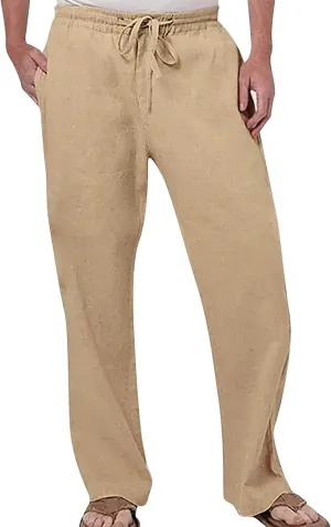 Mens Cotton Pants Casual Elastic Waist Drawstring Lightweight Summer Beach Trousers with Pockets, Tactical Pants for Men