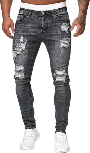 Men's Distressed Moto Biker Jeans Slim Fit Fashion Stretch Denim Pants Side Striped Ripped Skinny Jeans with Pockets