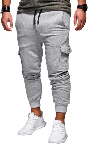 Mens Fashion Cargo Pants Slim Fit Drawstring Multity Pocket Sweatpants Loose Fit Casual Workout Basic Trousers