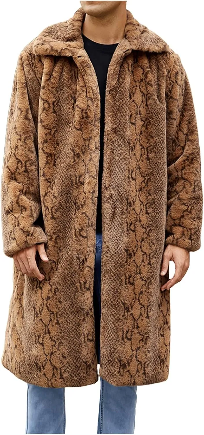 Men's Faux Fur Coat Jacket, Winter Fluffy Coat Outwear Long Parka Overcoat, Turn Down Open Front Coat Halloween