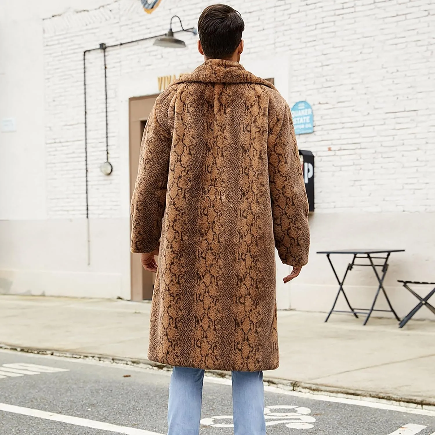Men's Faux Fur Coat Jacket, Winter Fluffy Coat Outwear Long Parka Overcoat, Turn Down Open Front Coat Halloween