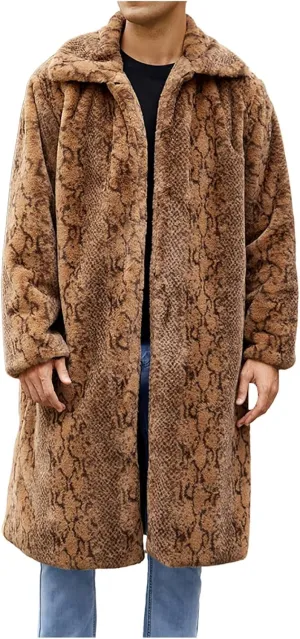 Men's Faux Fur Coat Jacket, Winter Fluffy Coat Outwear Long Parka Overcoat, Turn Down Open Front Coat Halloween