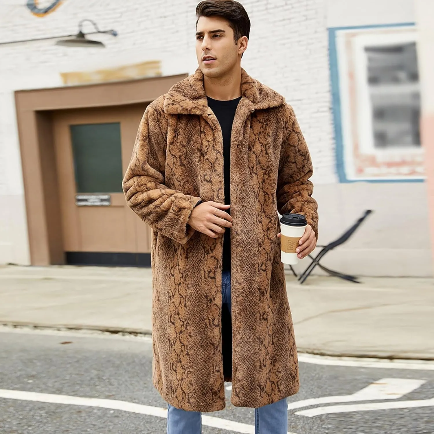 Men's Faux Fur Coat Jacket, Winter Fluffy Coat Outwear Long Parka Overcoat, Turn Down Open Front Coat Halloween