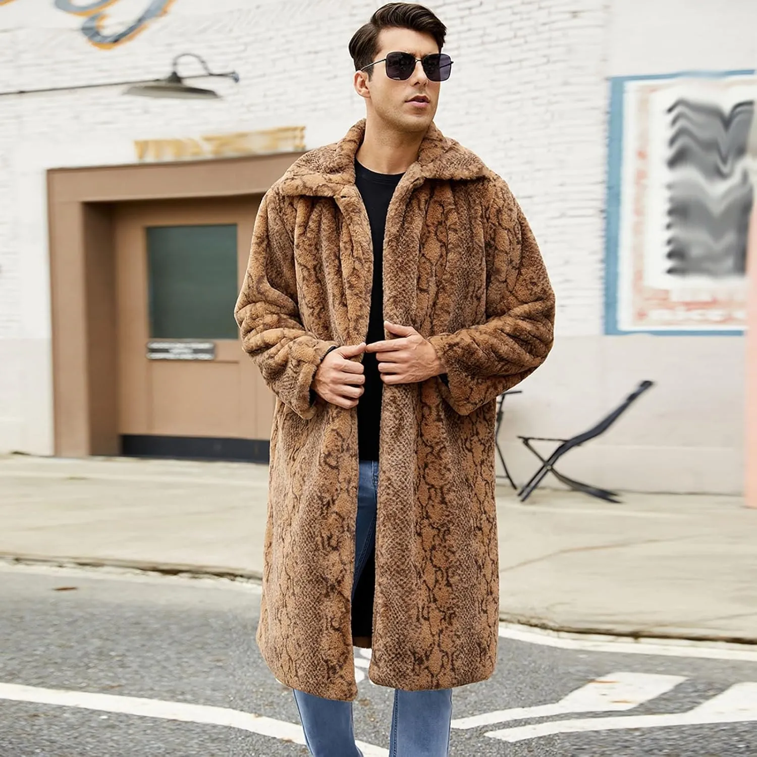 Men's Faux Fur Coat Jacket, Winter Fluffy Coat Outwear Long Parka Overcoat, Turn Down Open Front Coat Halloween